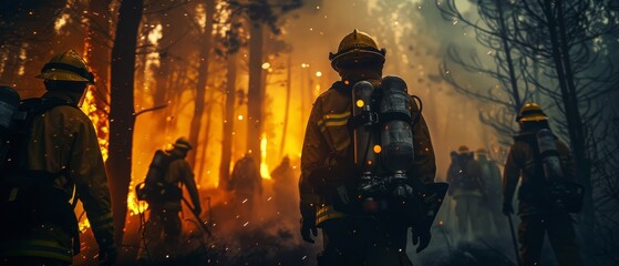 Firefighters trail deep in a forest to stop a wildland fire from spreading. Superintendent gives instructions on where to move to extinguish the fire.