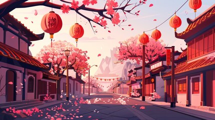 Wall Mural - A cartoon of a street in Chinatown with cherry blossom cartoons. Sakura tree in front of a Japanese building and a city road in a village. Lantern on asian house or oriental cityscape.