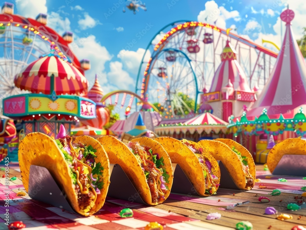 Taco Ride Delicious of gourmet tacos depicted as vibrant carnival rides in an ...