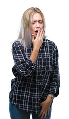 Canvas Print - Young blonde woman over isolated background bored yawning tired covering mouth with hand. Restless and sleepiness.