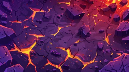 Wall Mural - Modern illustration of volcanic ground texture with lava in cracks and broken rocks. Volcanic rocks with light effects in fissures and land surface breaks with hot magma.