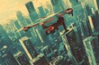 Futuristic Pop art style of an advanced drone delivering packages in a dense urban environment, retro color style, sharpen landscape