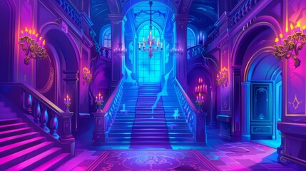 Wall Mural - The royal palace hallway at night with stairs at night. Modern cartoon illustration of medieval castle interior design with carpet on staircase, chandeliers with candles, gothic doors upstairs.