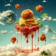 Manipulation food concept illustrating a whimsical scene of pasta and meatballs orbiting a tomato sauce planet, suitable for an innovative Italian restaurant ad