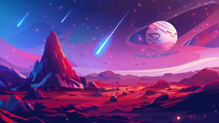 Wall Mural - Fantasy galaxy scenery modern illustrated with star, meteorite, moon, crater, and red mars. Futuristic cosmic starry adventure art wallpaper.