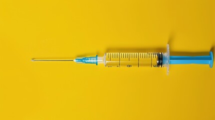 Wall Mural - Close-up, isolated image of a syringe with a blue needle, creating contrast against a striking yellow background under studio lights