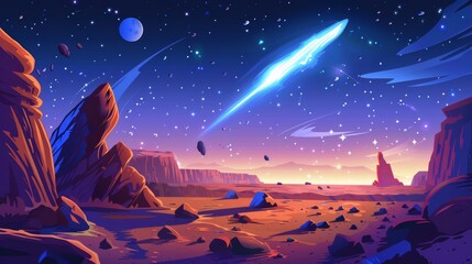 Wall Mural - game background modern illustration with cartoon space planet. night fantasy mars land surface with 