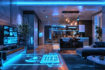 Wall Mural - Photo of a smart home system with hologram, glowing with cool blue tones, in a modern apartment, banner concept