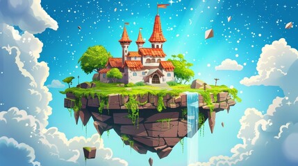 Wall Mural - Castle, waterfall, and aurora sky on floating islands. Modern illustration of green grass and stones, fairy tale palace buildings.