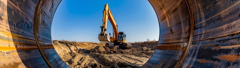 An excavator digging soil framed within a large pipe, dynamic wideangle perspective under clear blue skies