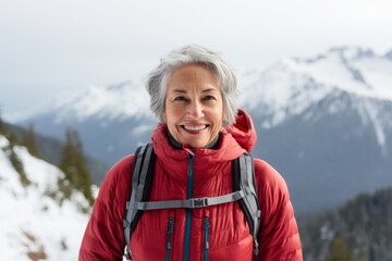 Wall Mural - Portrait of a grinning woman in her 60s sporting a breathable hiking shirt over pristine snowy mountain