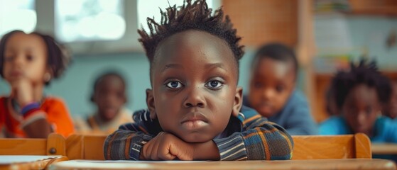 Wall Mural - Young African Boy Sitting at a Desk in Elementary School. Pupil is Focused on a Lecture, Listening to a Teacher with Other Kids.