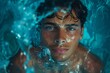 © Larisa AI - An intense close-up of a man's face partially submerged in water with bubbles highlighting an underwater theme