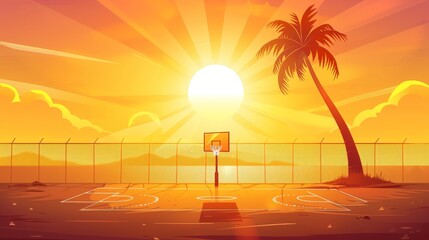 Wall Mural - School playground stadium with fence in the morning on ocean shore. Empty tropic sport arena with palm tree and sunshine rays in the early morning.