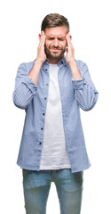 Wall Mural - Young handsome man wearing white t-shirt over isolated background with hand on head for pain in head because stress. Suffering migraine.