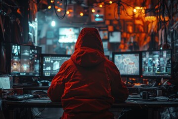 Wall Mural - A person in a red hoodie with their back to the camera sits in front of multiple monitors in a dark, tech-filled room