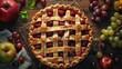 Advertising-ready top view of a pie with grapes and fruits on an isolated table, highlighted under studio lights