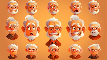 Wall Mural - Isolated clipart showing an old man avatar with different facial expressions. Happy, surprised, angry, wink, scared, and surprised faces.