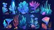 An underwater world of seaweeds, corals, fish and jellyfish. A cartoon modern set of marine or aquarium seaweeds, corals, fish and jellyfish. An ocean aquatic tropical world filled with vibrant