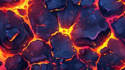 Wall Mural - The top view of a fantasy background with glowing lava and cracked stone ground. Seamless patterns with colorful hot liquid magma flows. Modern cartoon illustration with glowing lava in top view.