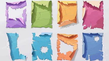 Wall Mural - A realistic modern illustration set of cut square and rectangular notepad fragments that have been ripped or torn. The pieces of stained colored paper are clean, squared, lined, dots, and are broken