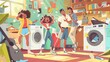© Moon Story - A cartoonish scene of four people in a room with a washer and dryer. Scene is lighthearted and fun