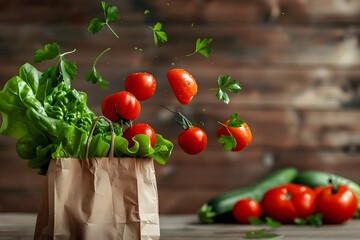 Wall Mural - Vegetables in a paper bag and flying vegetables around the bag on a wooden background.