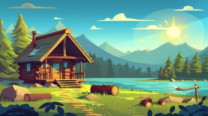 Wall Mural - In the background is a wooded house near a mountain lake with a porch. A axe and log are in the yard and woodland is filled with fir trees. The sun is rising and shining bright in the blue sky on the