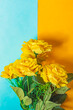 Bouquet of yellow roses on a blue and yellow background. Vertical shot.