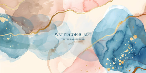 Wall Mural - watercolor art background vector. wallpaper design with paint brush and gold line art. earth tone bl