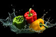 Bell peppers in splash of water over the dark background. Ai generative