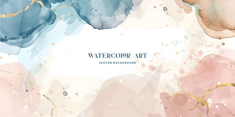 Wall Mural - watercolor art background vector. wallpaper design with paint brush and gold line art. earth tone bl