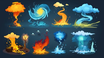 Canvas Print - Various whirlwinds and hurricane twisters on a dark background. Modern illustration set of wind funnels and whirl clouds.