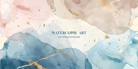 Wall Mural - watercolor art background vector. wallpaper design with paint brush and gold line art. earth tone bl