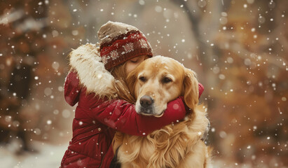 Wall Mural - Little girl hugging the golden retriever dog in a winter park