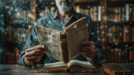 Wall Mural - a senior model with gray hair and a mustache is sitting in his office with glasses, he has a book in his hands, he is trying to study two books at the same time, a chalkboard is written behind him