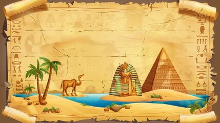 Wall Mural - A 2D mythology banner or label history board cartoon kit with decoration. Egypt gold parchment with pharaoh ornament design.