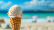 Creamy vanilla ice cream cone on a beach day