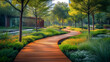 Beautiful pathway in a green urban park with modern architecture