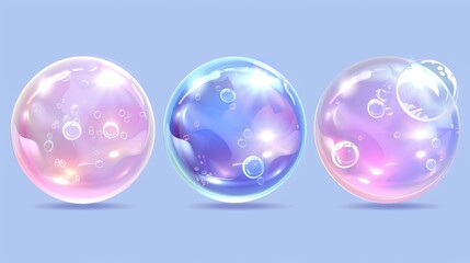 Wall Mural - Rainbow water and shampoo foam ball with gloss and iridescent color. Realistic 3d modern illustration set of a flying soapy glossy sphere.