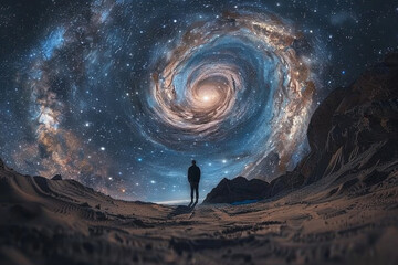 a portal to another world opens in the night sky, a swirling vortex of stars and light