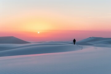 Wall Mural - silhouette of a person in black clothes walking away on sand dunes in desert at sunrise or sunset. Philosophy, own way, path and traces, loneliness.