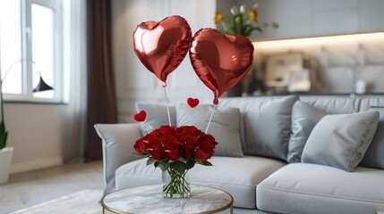 Poster - In a cozy living room adorned for Valentine s Day festivities a chic grey sofa is complemented by heart shaped balloons and a lovely bouquet of roses resting on the coffee table