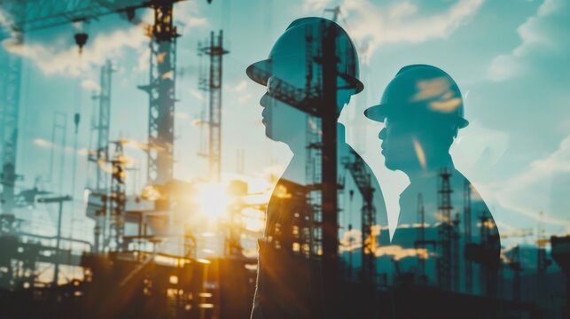 Silhouettes of engineer working at corporate office in industry. Work hard and industry development concept. Double exposure --ar 16:9 Job ID: 3df058f4-0ed9-45a8-a814-370d99250e96