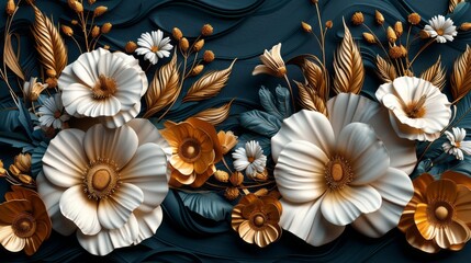 Wall Mural - 3D rendering of white and gold flowers with green leaves on a dark blue background.