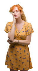 Poster - Young redhead woman thinking looking tired and bored with depression problems with crossed arms.