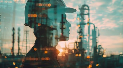 Wall Mural - An engineer wearing a hard hat is standing in front of an oil refinery at sunset.