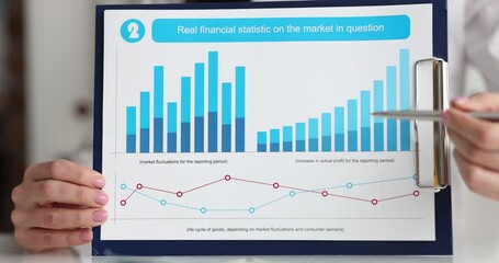 Wall Mural - Female hands holding clipboard with statistics report closeup 4k movie. Business education concept