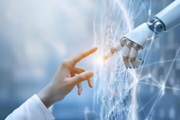 A glowing metal robot arm and a girl's hand on a dark background. Human-robot interactions. Robotics, modern technologies. Beautiful simple AI generated image in 4K, unique.