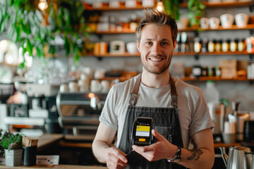 In their cafe, a small business owner, a Caucasian man, proudly holds a contactless payment machine. He radiates confidence and professionalism, offering modern payment options to his customers for a